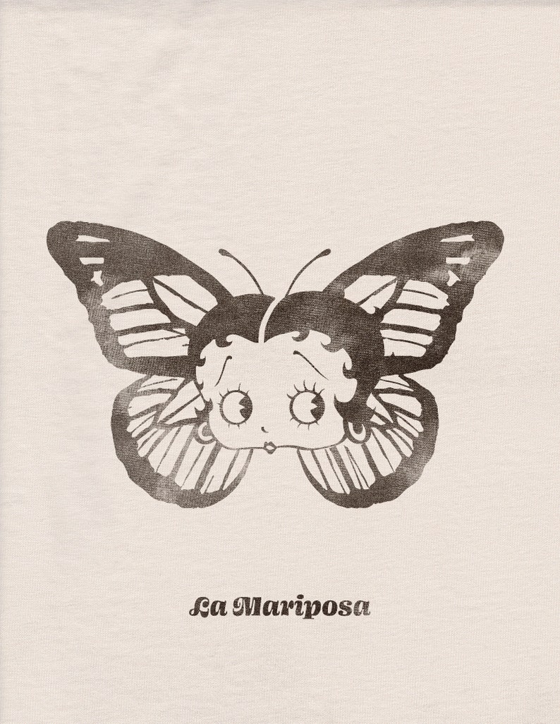 May include: A black and white illustration of a butterfly with a cartoon face. The butterfly has the text "La Mariposa" underneath it.