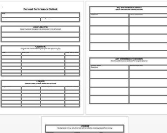May include: A black and white printable personal performance outlook template with sections for key objectives, key performance metrics, key performance outcomes, training, and acknowledgements.