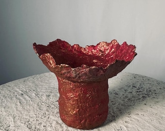 Textured Paper Mache Candy Dish, Red Gold Sculptural Bowl, Wabi Sabi Decor