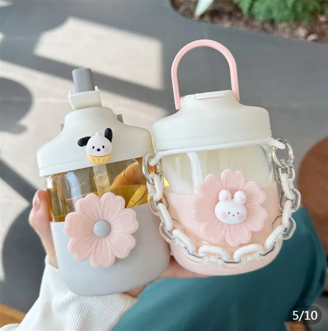 420ml Flower Glass Water Bottle With Straw and Strapkawaii Etsy Sweden