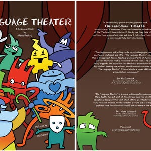 Front and back cover of The Language Theater grammar book displayed side-by-side, showing colorful Parts-of-Speech characters and detailed description text on a theater-style background