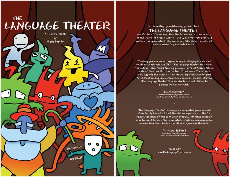 Front and back cover of The Language Theater grammar book displayed side-by-side, showing colorful Parts-of-Speech characters and detailed description text on a theater-style background
