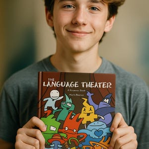 Smiling teen boy showing The Language Theater book, a visual grammar guide for middle school learners.