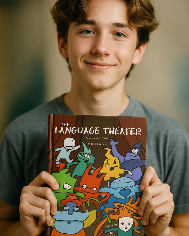 Smiling teen boy showing The Language Theater book, a visual grammar guide for middle school learners.