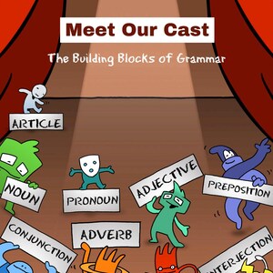 Colorful illustration of Parts of Speech characters on stage, labeled as noun, verb, adjective, adverb, pronoun, preposition, conjunction, article, and interjection under the heading “Meet Our Cast – The Building Blocks of Grammar