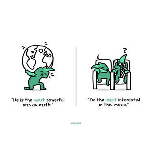 Grammar rule illustrations from The Language Theater showing adjective usage: one character lifting the earth with the phrase ‘He is the most powerful man on earth’ and another showing ‘I’m the least interested in this movie