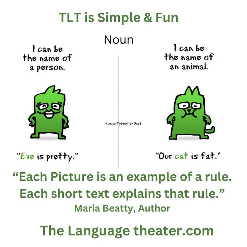Grammar teaching graphic with illustrated noun characters and example sentences from The Language Theater educational book.
