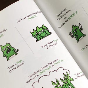 Open pages of The Language Theater grammar book displaying cartoon noun characters teaching singular and plural rules with bright visuals.