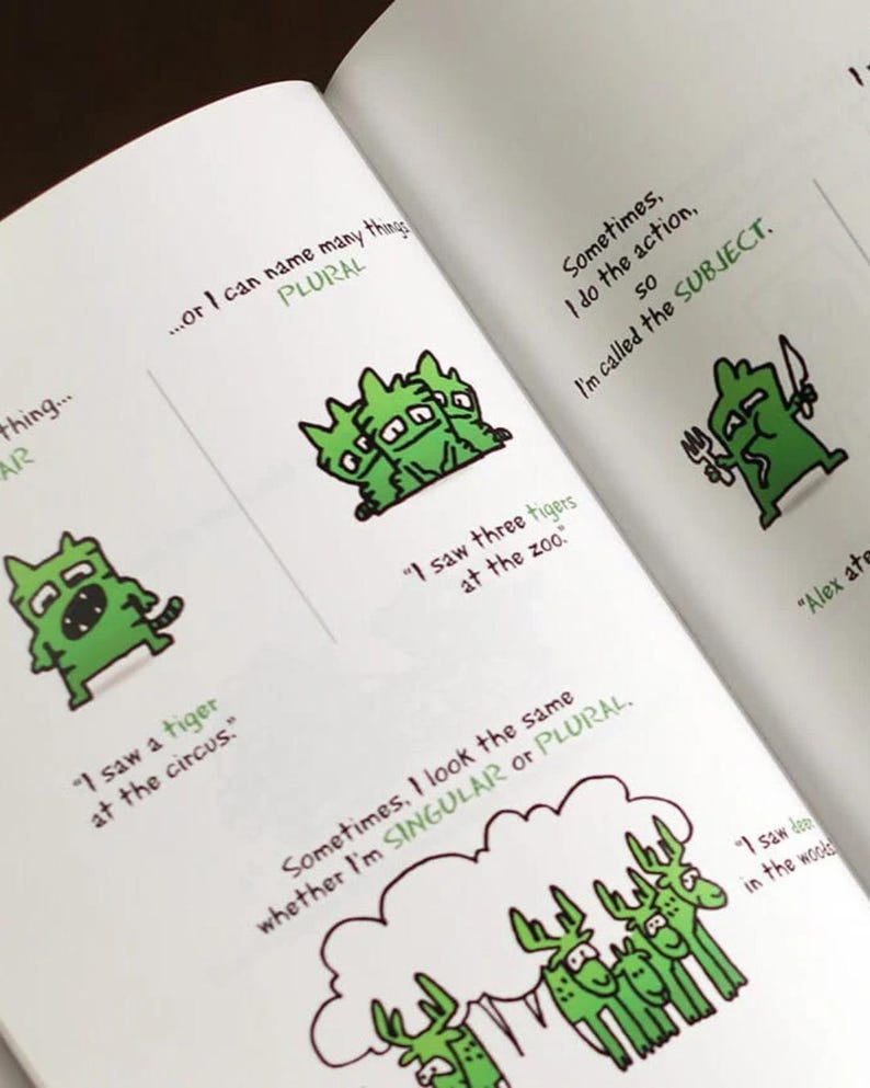 Open pages of The Language Theater grammar book displaying cartoon noun characters teaching singular and plural rules with bright visuals.