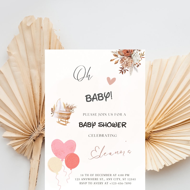 Dusty Pink Boho Baby Shower Card Printable Template, Editable Baby