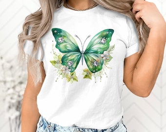 Women's Gift T-Shirt, Green Butterfly Graphic Tee, Women's Spring Fashion, Nature Inspired Casual Wear, Floral Shirt for Mom