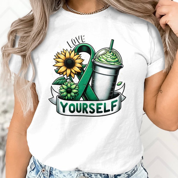 T-shirt pour la fête des mères, t-shirt graphique Love Yourself tournesol, chemise à ruban vert amour de soi, haut à fleurs inspirant pour femme