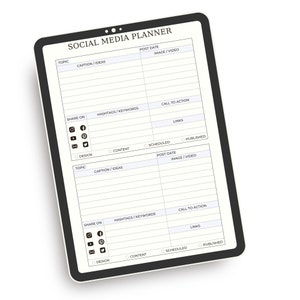 Könnte beinhalten: Ein schwarz-weißer druckbarer Social-Media-Planer mit Abschnitten für Thema, Bildunterschrift, Hashtags, Handlungsaufforderung, Links, Veröffentlichungsdatum, Bild/Video, Design, Inhalt, Planung und Veröffentlichung.