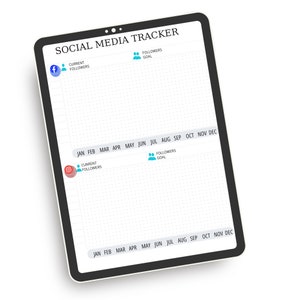 Könnte beinhalten: Ein schwarz-weißer digitaler Planer mit einem Rasterlayout zum Verfolgen von Social-Media-Followern. Der Planer hat Bereiche für Facebook und Instagram mit Platz zum Aufzeichnen der aktuellen Follower, der Follower-Ziele und des monatlichen Fortschritts. Der Planer trägt den Text "SOCIAL MEDIA TRACKER" oben.