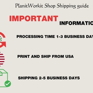 May include: A red circle with a white tick inside and a red arrow pointing clockwise around the tick. Below the circle is the text "PROCESSING TIME 1-3 BUSINESS DAYS". Below that is a red, white, and blue circle representing the American flag. Below the flag is the text "PRINT AND SHIP FROM USA". Below that is a green box with a white tick in the lower right corner. Below the box is the text "SHIPPING 2-5 BUSINESS DAYS".