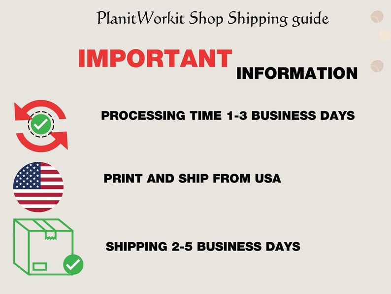 May include: A red circle with a white tick inside and a red arrow pointing clockwise around the tick. Below the circle is the text "PROCESSING TIME 1-3 BUSINESS DAYS". Below that is a red, white, and blue circle representing the American flag. Below the flag is the text "PRINT AND SHIP FROM USA". Below that is a green box with a white tick in the lower right corner. Below the box is the text "SHIPPING 2-5 BUSINESS DAYS".