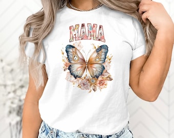 Personalized Women's T-Shirt, Elegant Butterfly Floral Mama Graphic Tee, Women's Casual Spring Fashion Top, Gift for Mom