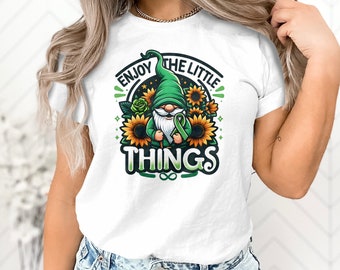 Gnome Sunflower Graphic T-Shirt, Enjoy The Little Things, Whimsical Mom Tee