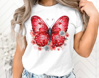 Personalized Women's T-Shirt Unique Red Butterfly Graphic Women's Floral Spring Tee