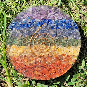 May include: A round, clear resin tray with a spiral of copper wire in the center. The tray is filled with small, colorful gemstones arranged in seven horizontal bands, representing the seven chakras.