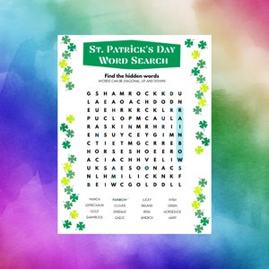 Fun St. Patrick&#39;s Day Word Search for classrooms, games, party, teachers, schools,