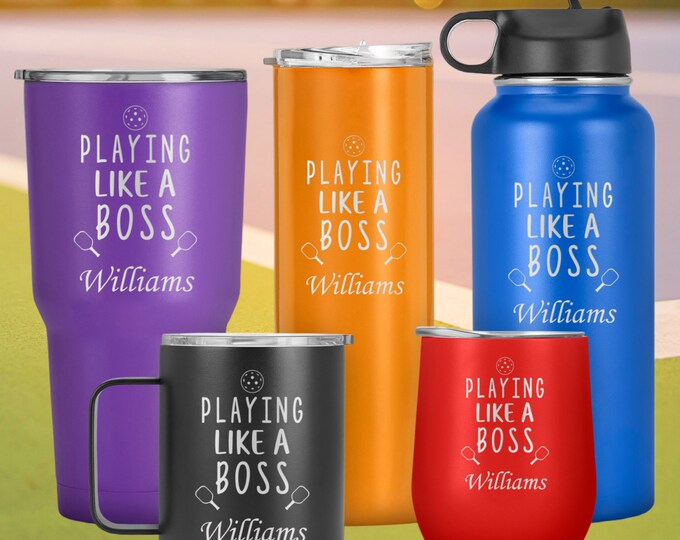 Engraved Custom Name Tumbler With Message, "Playing Like A Boss", Pickleball Gifts, Funny Pickleball Mugs, Pickleball Players Drinkware