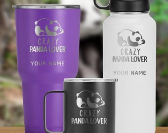 Funny "crazy panda lover" tumbler, panda travel cup, laser engraved drinkware mug, personalized panda lover gift for her, women, girlfriend