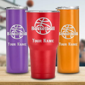 Vaso de baloncesto, taza de viaje con doble aislamiento, bebida con nombre personalizado, regalo de baloncesto para equipo, entrenador, chicos, chicas, niños, él, ella, amigo imagen 1