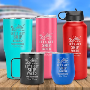 Stainless steel &quot;let&#39;s get ship faced&quot; customized name tumbler, double insulated travel mug, beach gift for him, her, men, women, girl, boy