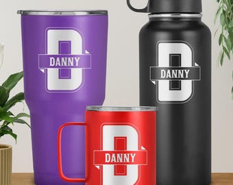 Customized name split monogram tumbler, stainless steel travel cup, drinkware mug, gift for him, her, girl, boy, spouse, coworker, friend