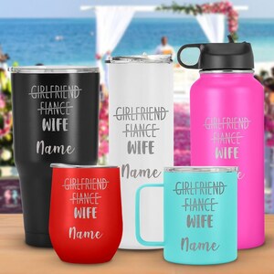 Nombre personalizado "Novia Prometida Esposa" Taza de viaje grabada con láser, Taza de vaso de acero inoxidable, Regalo para novia, Aniversario, Boda, Niña