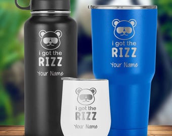 Customized name panda tumbler cup, double insulated travel mug, "i got the rizz" drinkware, gift for him, her, men, women, spouse, friends