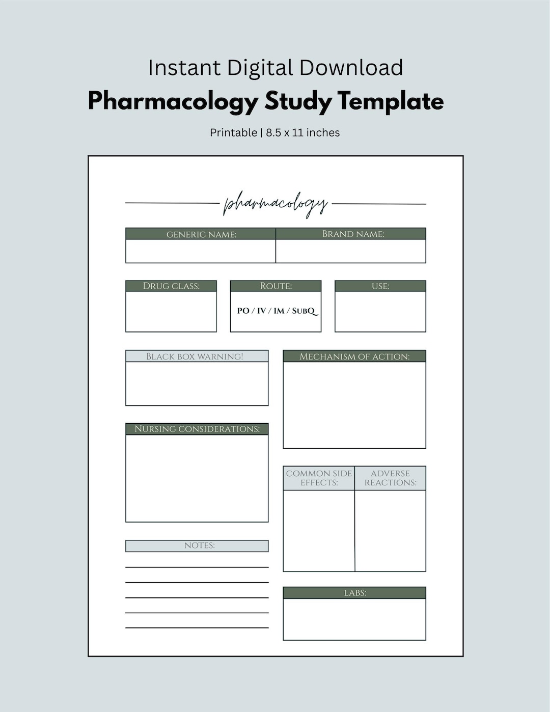 Printable Pharmacology Study Template for Nursing Students | NCLEX Drug ...