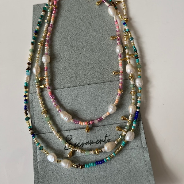 Rainbow Seed Bead Pearl Necklace, Seedbead and Pearl Necklace, Colorful Beaded Necklace with Freshwater Pearls, MultiColor SeedBead Necklace