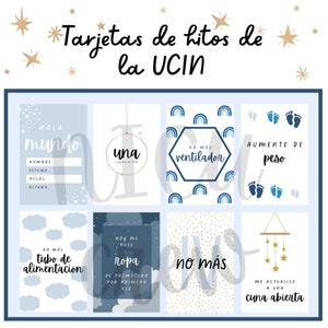 Puede incluir: Tarjetas de hitos imprimibles azules y blancas para un bebé en la Unidad de Cuidados Intensivos Neonatales (UCIN). Las tarjetas presentan ilustraciones de un bebé, una cuna, un tubo de alimentación, un ventilador y una báscula. El texto en las tarjetas incluye "Hola mundo", "Una", "No mas ventilador", "Aumente de peso", "No mas tubo de alimentacion", "Hoy me puse ropa", "No mas", y "Me actualice a una cuna abierta".