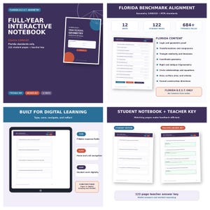 Peut inclure: Un cahier d'exercices de géométrie interactif pour les normes Florida B.E.S.T., comprenant 12 unités, 122 pages pour les élèves et un corrigé. Le PDF numérique inclut des champs remplissables, une navigation par unité et des versions élèves et enseignants.