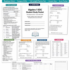 Pacchetto di studio per l'esame EOC di Algebra / Verifica di preparazione + Esercizi + Test di pratica completo / Soluzioni / PDF stampabile