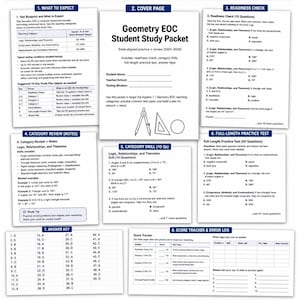 Puede incluir: Un paquete de estudio para Geometry EOC, con controles de preparación, ejercicios por categoría, una prueba práctica completa, claves de respuestas y un seguimiento de puntuación. Incluye contenido alineado con el estado y estrategia de examen.
