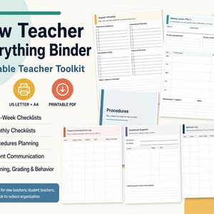 May include: A printable teacher toolkit titled "New Teacher Everything Binder." The design includes checklists, planning pages, and logs. The toolkit is available in US Letter and A4 sizes, with 65 pages. The design includes the text "Printable Teacher Toolkit."