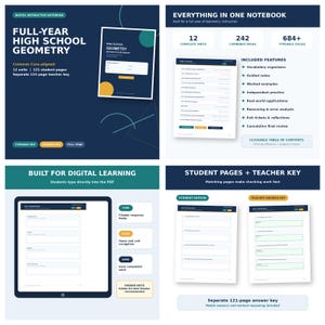 Interactief werkboek meetkunde voor de middelbare school, begeleide aantekeningen voor het hele schooljaar volgens de Common Core-standaarden (digitale pdf)