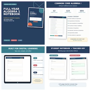 May include: A digital Common Core Algebra 1 notebook featuring 12 units, 123 student pages, and a 123-page teacher answer key. The set includes typeable PDF fields, a table of contents, and course content covering real numbers, exponents, and equations.