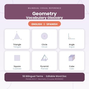 May include: A bilingual visual reference geometry vocabulary glossary chart with English and Spanish text. It displays six geometric shapes including a triangle, circle, angle, square, pyramid, and cube, each labeled with their respective names.