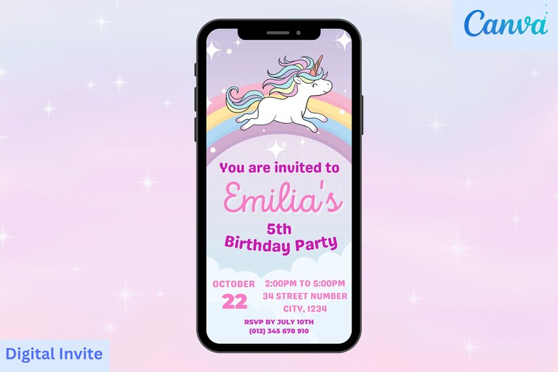 Digital Rainbow Unicorn Party Invitation / DIY Canva Template/ Etsy