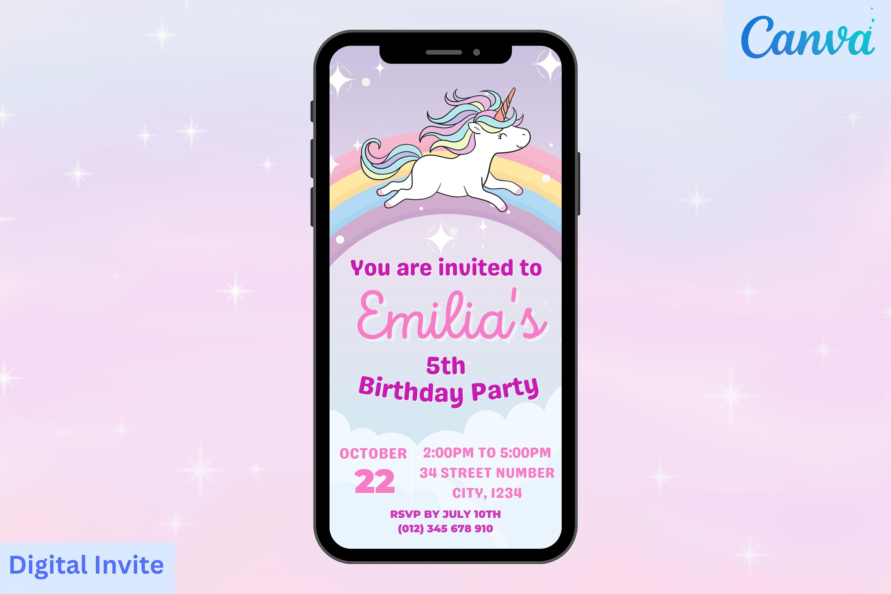 Digital Rainbow Unicorn Party Invitation DIY Canva Template Digital rainbow unicorn party invitation diy canva template