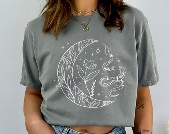Moon and Snake Spiritual Celestial Comfort Colors Shirt | Minimalist | Witch, Witchy, Tarot, Astrology, Nature Shirt | Gifts for Her