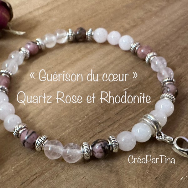 Bracelet elastique perles pierres naturelles Lithotherapie  Rhodonite et Quartz rose argenté Charms Hope - Espoir - Guérison du cœur