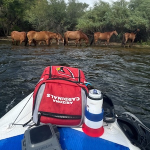 May include: A red backpack with the text "Arizona Cardinals" on it, a blue and white water bottle, a black and gray speaker, and a pair of black sandals are on a white surface.  The backpack is in the center of the image.  The water bottle is to the right of the backpack.  The speaker is to the left of the backpack.  The sandals are to the right of the water bottle.