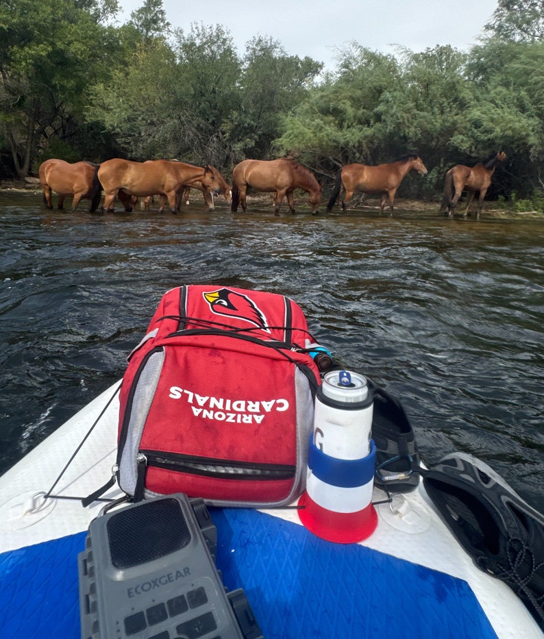 May include: A red backpack with the text "Arizona Cardinals" on it, a blue and white water bottle, a black and gray speaker, and a pair of black sandals are on a white surface.  The backpack is in the center of the image.  The water bottle is to the right of the backpack.  The speaker is to the left of the backpack.  The sandals are to the right of the water bottle.