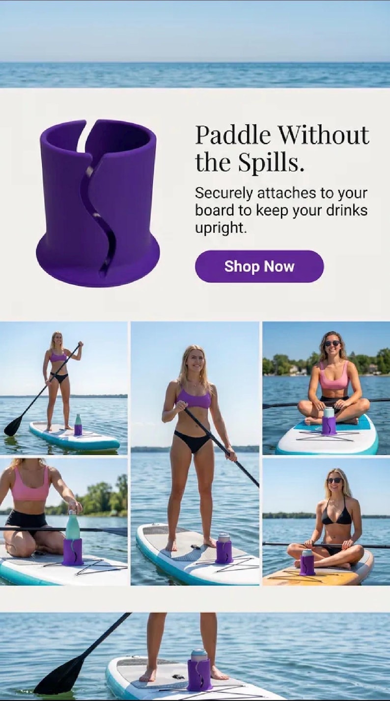 Op de afbeelding: Een paarse cilindervormige bekerhouder met een verticale golvende gleuf ontworpen om aan een paddleboard te bevestigen. De tekst luidt: Paddle Without the Spills. Securely attaches to your board to keep your drinks upright. Shop Now.
