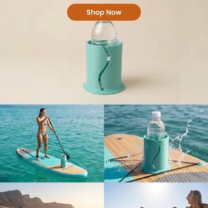 Op de afbeelding: Een lichtblauwe cilindervormige bekerhouder met een verticale golvende gleuf, ontworpen om een waterfles op een paddleboard vast te zetten. De tekst luidt: Never Spill on the Water Again. Secure your beverage to your paddle board with our spill-proof holder.